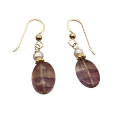 Load image into Gallery viewer, Fluorite and Pearl 15x10mm Bead Dangle 14K Gold Filled Earrings! | 1 1/2" Long|