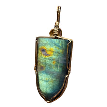 Load image into Gallery viewer, Labradorite Fiery 14K Gold Wire Wrap 35x20mm Stone Pendant | 2 1/4" Long| Green|