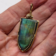 Load image into Gallery viewer, Labradorite Fiery 14K Gold Wire Wrap 35x20mm Stone Pendant | 2 1/4" Long| Green|