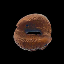 Load image into Gallery viewer, Pisces Hand Carved & Signed Boxwood Fish Ojime/Netsuke Bead | 22x22x15mm | Brown