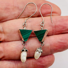 Load image into Gallery viewer, Malachite Fresh Water Pearl Sterling Silver Earrings | 2 1/4" Long| Green White|