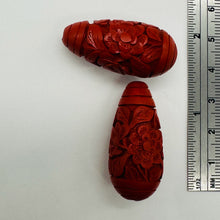 Load image into Gallery viewer, Cinnabar Carved Teardrop Barrel Beads | 34x16x12mm | Red | 2 Beads |