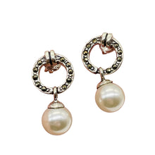 Load image into Gallery viewer, Pearl Marcasite Sterling Silver Post Dangle Earrings | 7mm | White | 1 Pair |