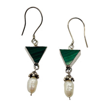 Load image into Gallery viewer, Malachite Fresh Water Pearl Sterling Silver Earrings | 2 1/4" Long| Green White|