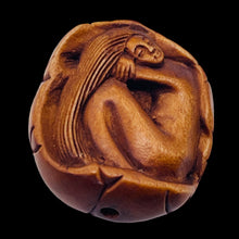 Load image into Gallery viewer, Carved Boxwood Mermaid On Lilypad Ojime/Netsuke Bead | 23x19.5x12mm | Brown