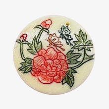 Load image into Gallery viewer, Rose Flower Scrimshaw Round Pendant Bead | 25x3mm | Red, Green, Cream | 1 Bead |