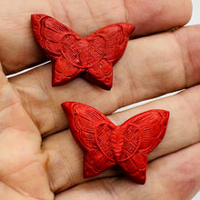 Load image into Gallery viewer, Cinnabar Carved Butterfly Beads | 25x17x11mm | Red | 2 Beads |