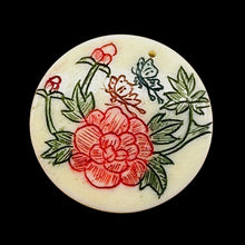 Load image into Gallery viewer, Rose Flower Scrimshaw Round Pendant Bead | 25x3mm | Red, Green, Cream | 1 Bead |