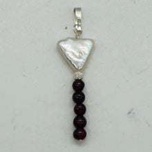 Load image into Gallery viewer, Pearl Triangle and Garnet Sterling Silver Drop Pendant| 1 3/4" Long| White, Red|