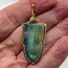 Load image into Gallery viewer, Labradorite Fiery 14K Gold Wire Wrap 35x20mm Stone Pendant | 2 1/4" Long| Green|