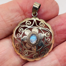 Load image into Gallery viewer, Moonstone Sterling Silver Round Filagree Pendant | 1 1/4" Long| Blue| 1 Pendant|