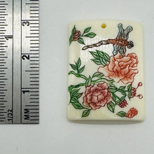 Load image into Gallery viewer, Rose Flower Dragonfly Scrimshaw Pendant Bead | 29x22x4mm | Red, Green, Cream |