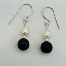 Load image into Gallery viewer, Black Stone - Africa Round Bead and Pearl Sterling Silver Earrings| Black Matte|