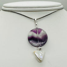 Load image into Gallery viewer, Fluorite and Pearl Sterling Silver Pendant | 1 3/4" Long | Purple, White |