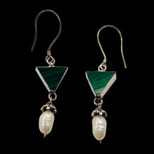 Load image into Gallery viewer, Malachite Fresh Water Pearl Sterling Silver Earrings | 2 1/4" Long| Green White|