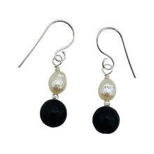 Load image into Gallery viewer, Black Stone - Africa Round Bead and Pearl Sterling Silver Earrings| Black Matte|