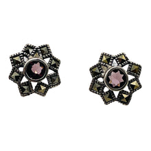 Load image into Gallery viewer, Purple CZ Marcasite Sterling Silver Flower Earrings | 3/8" | Silver | 1 Pair }