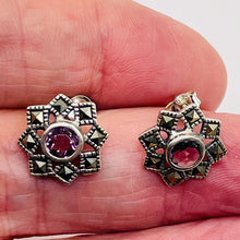 Load image into Gallery viewer, Purple CZ Marcasite Sterling Silver Flower Earrings | 3/8" | Silver | 1 Pair }