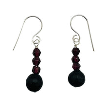 Load image into Gallery viewer, Black Stone -Africa Round Bead and Garnet Sterling Silver Earrings| Black Matte|
