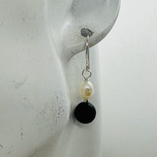 Load image into Gallery viewer, Black Stone - Africa Round Bead and Pearl Sterling Silver Earrings| Black Matte|