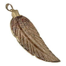 Load image into Gallery viewer, Jasper Carved Gold Trim Leaf Pendant | 3" Long | Beige Mauve | 1 Pendant |