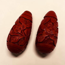 Load image into Gallery viewer, Cinnabar Carved Teardrop Barrel Beads | 34x16x12mm | Red | 2 Beads |