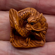 Load image into Gallery viewer, Carved Boxwood Wise Dragon On Clouds Ojime/Netsuke Bead | 22.5x24x13mm | Brown