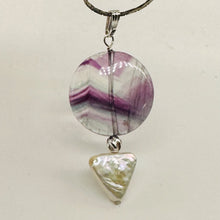 Load image into Gallery viewer, Fluorite and Pearl Sterling Silver Pendant | 1 3/4" Long | Purple, White |