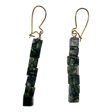 Load image into Gallery viewer, 14K Gold Filled Moss Agate Cube Bead Earrings | 2 inches long | Green/Clear |