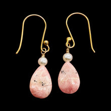 Load image into Gallery viewer, Teardrop Rhodochrosite and Pearl Drop 14K Rose Gold Filled Earrings|1 1/2" Long|