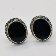Load image into Gallery viewer, Onyx Marcasite Clip-On Sterling Silver Oval Earrings| 27x21mm | Black | 1 Pair |