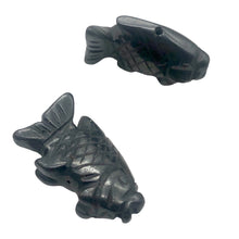 Load image into Gallery viewer, Swimming 2 Hand Carved Hematite Koi Fish Beads | 23x11x5mm | Silver black