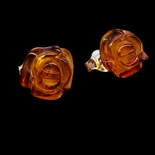 Load image into Gallery viewer, Amber Rose Flower Post Stud Earrings | 9mm | Amber | 1 Pair Earrings |