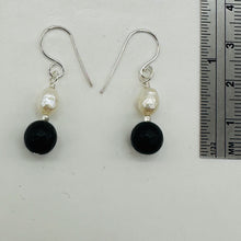 Load image into Gallery viewer, Black Stone - Africa Round Bead and Pearl Sterling Silver Earrings| Black Matte|