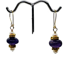 Load image into Gallery viewer, Amethyst Roundel and Pearl 14K Gold Filled Drop Earrings| 1 1/4" Long| Purple |