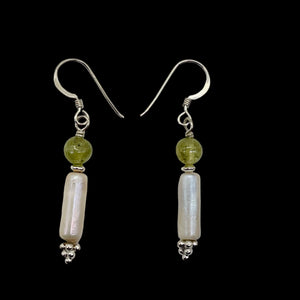 Apatite Fresh Water Pearl Sterling Silver Earrings | 1 1/4" Long | Green White |