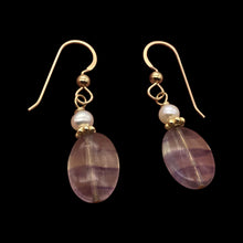 Load image into Gallery viewer, Fluorite and Pearl 15x10mm Bead Dangle 14K Gold Filled Earrings! | 1 1/2" Long|