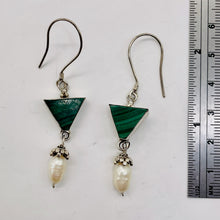 Load image into Gallery viewer, Malachite Fresh Water Pearl Sterling Silver Earrings | 2 1/4" Long| Green White|