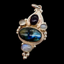 Load image into Gallery viewer, Amethyst Moonstone Labradorite Sterling Silver Goddess Pendant | 2 1/2" Long |