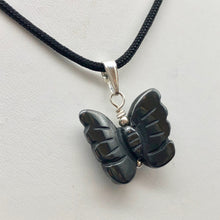 Load image into Gallery viewer, Flutter Carved Hematite Butterfly and Sterling Silver Pendant 509256HMS