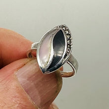 Load image into Gallery viewer, Onyx Mother of Pearl Marcasite Sterling Silver Ring | 7 | Blue, White, Silver |