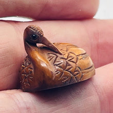 Load image into Gallery viewer, Grace Carved & Signed Boxwood Crane Bird Ojime/Netsuke Bead | 24x19x18mm | Brown