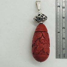 Load image into Gallery viewer, Cinnabar Carved Teardrop Barrel Bead Sterling Silver Pendant | 2 1/4" Long| Red