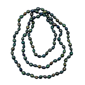 Fresh Water Rainbow Pearl Hand-Knotted Necklace |32" Long | Blue Purple Gold |