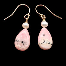 Load image into Gallery viewer, Teardrop Rhodochrosite and Pearl Drop 14K Gold Filled Earrings | 1 1/2" Long |