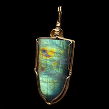 Load image into Gallery viewer, Labradorite Fiery 14K Gold Wire Wrap 35x20mm Stone Pendant | 2 1/4" Long| Green|