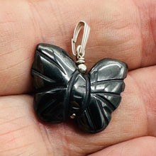 Load image into Gallery viewer, Flutter Carved Hematite Butterfly and Sterling Silver Pendant 509256HMS