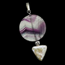 Load image into Gallery viewer, Fluorite and Pearl Sterling Silver Pendant | 1 3/4" Long | Purple, White |