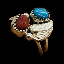 Load image into Gallery viewer, Turquoise and Coral Native Design Sterling Silver Ring | 7 | Blue, Red, Silver |