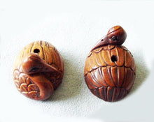 Load image into Gallery viewer, Grace Carved & Signed Boxwood Crane Bird Ojime/Netsuke Bead | 24x19x18mm | Brown